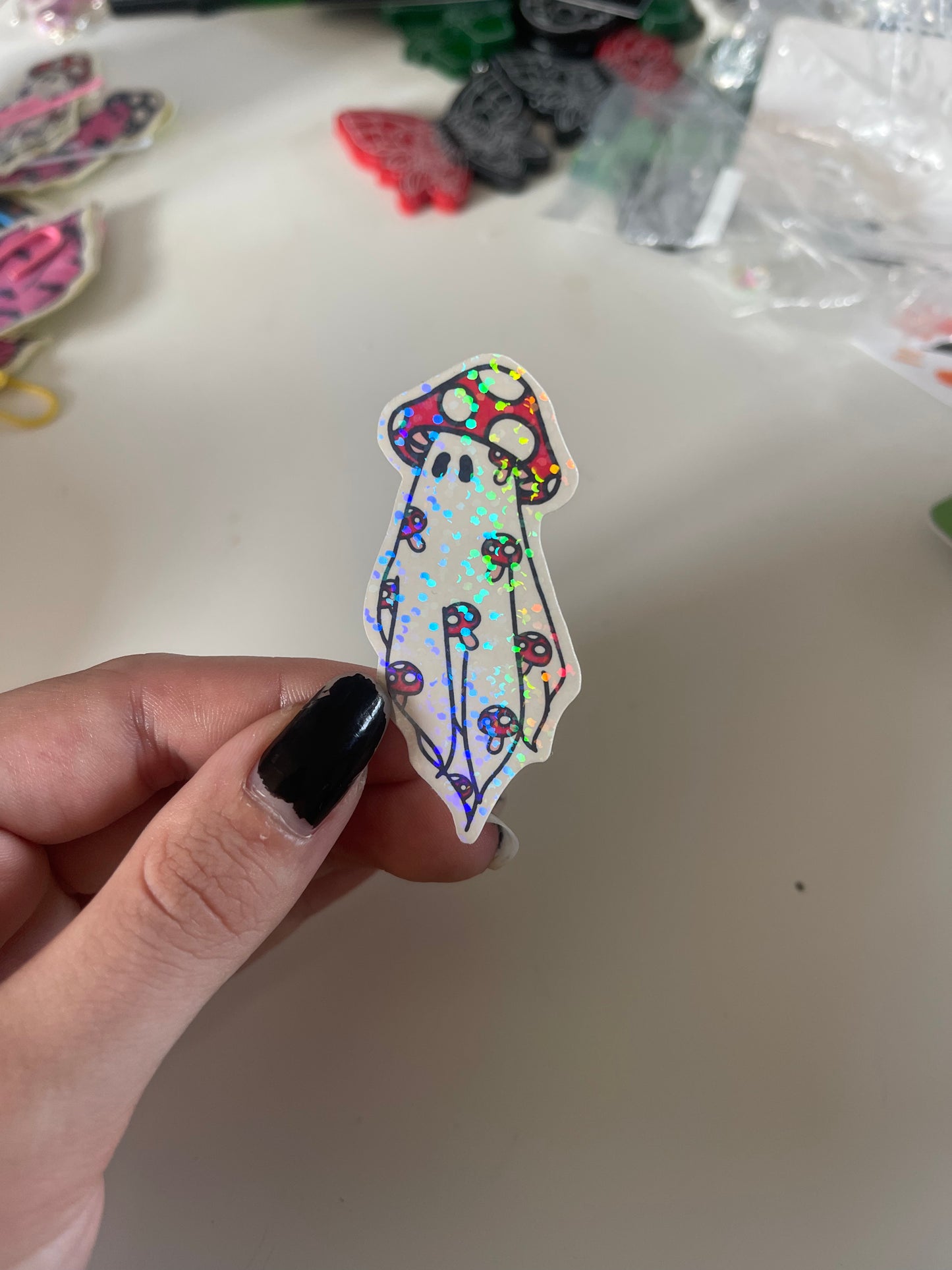 Glitter Holographic Mushroom Ghost Sticker