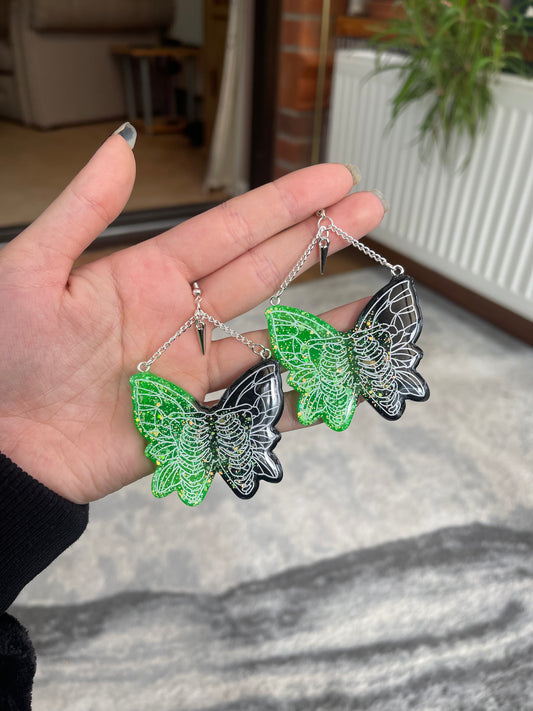 Green and Black Chain Butterfly Ribcage Earrings