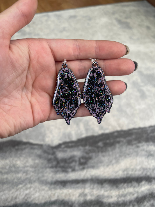 Black and Pink Glitter Pumpkin Ghost Earrings