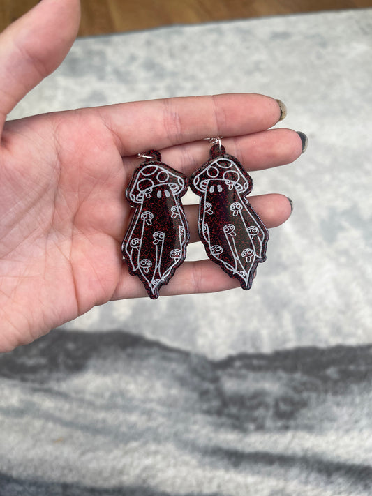 Black and Red Glitter Mushroom Ghost Earrings