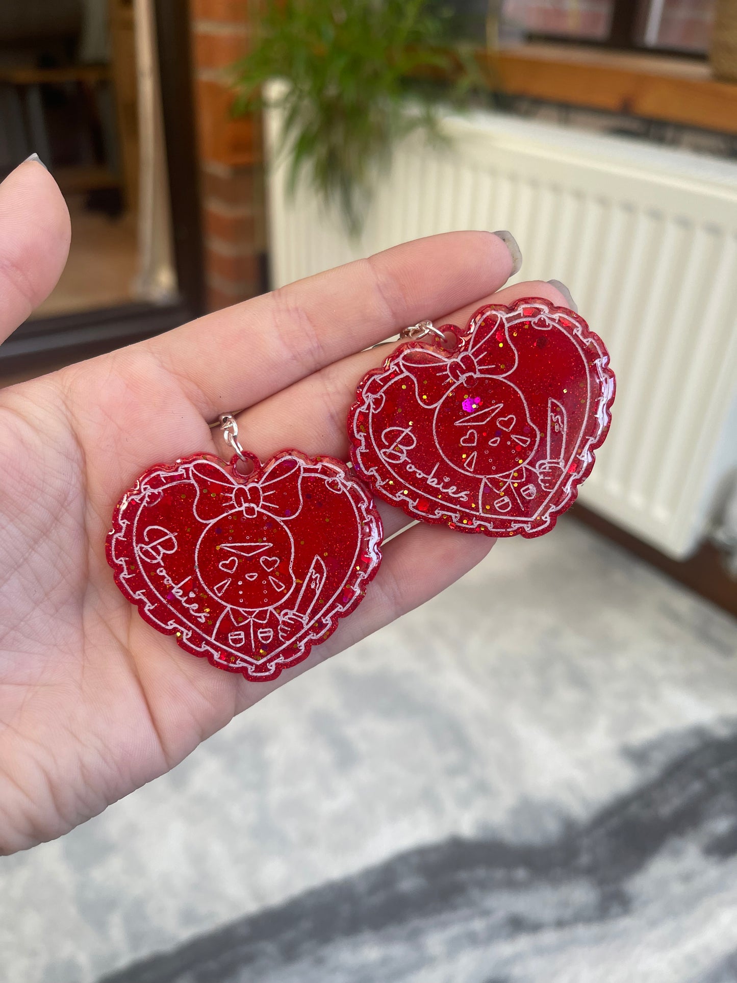 Red Hockey Mask Guy Boobies Heart Earrings