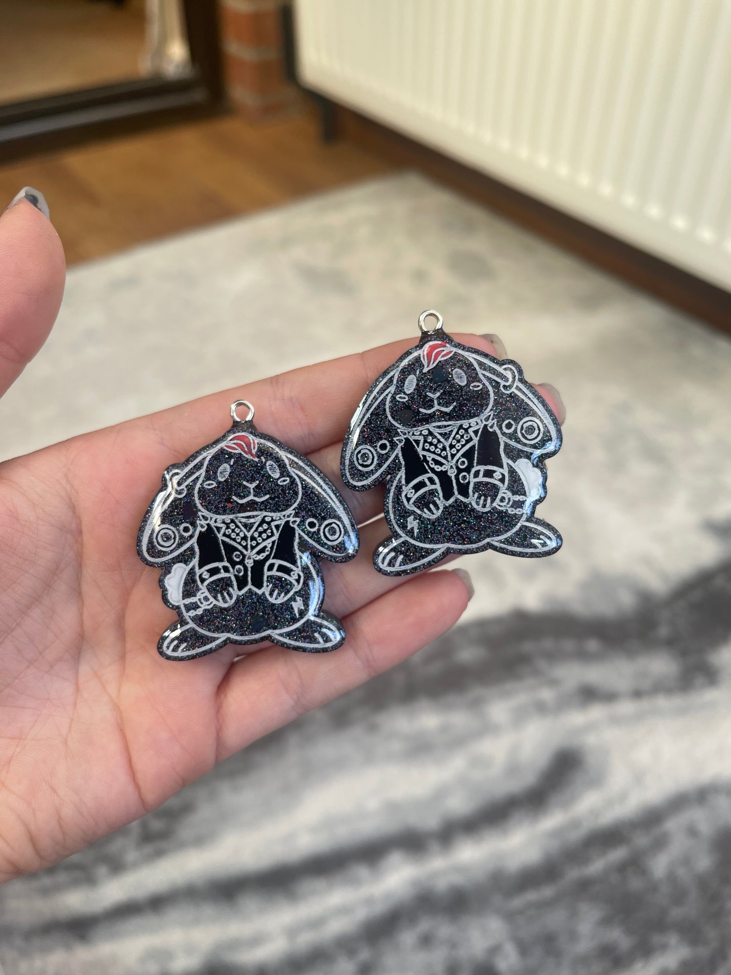 Black Glittery Goth Punk Bunny Earrings