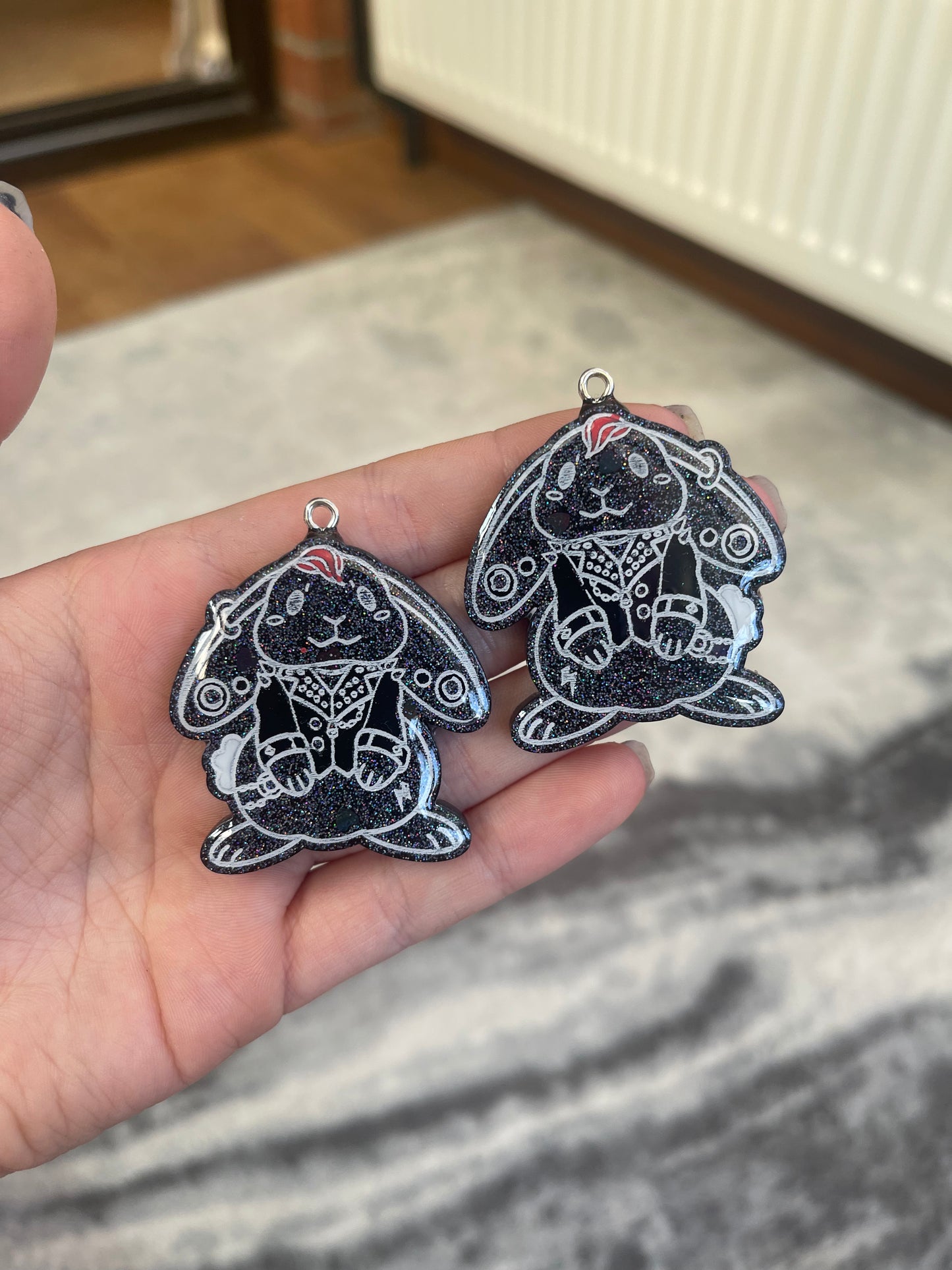 Black Glittery Goth Punk Bunny Earrings