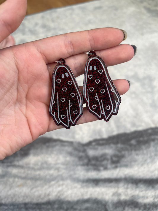 Black and Red Glitter Heart Ghost Earrings