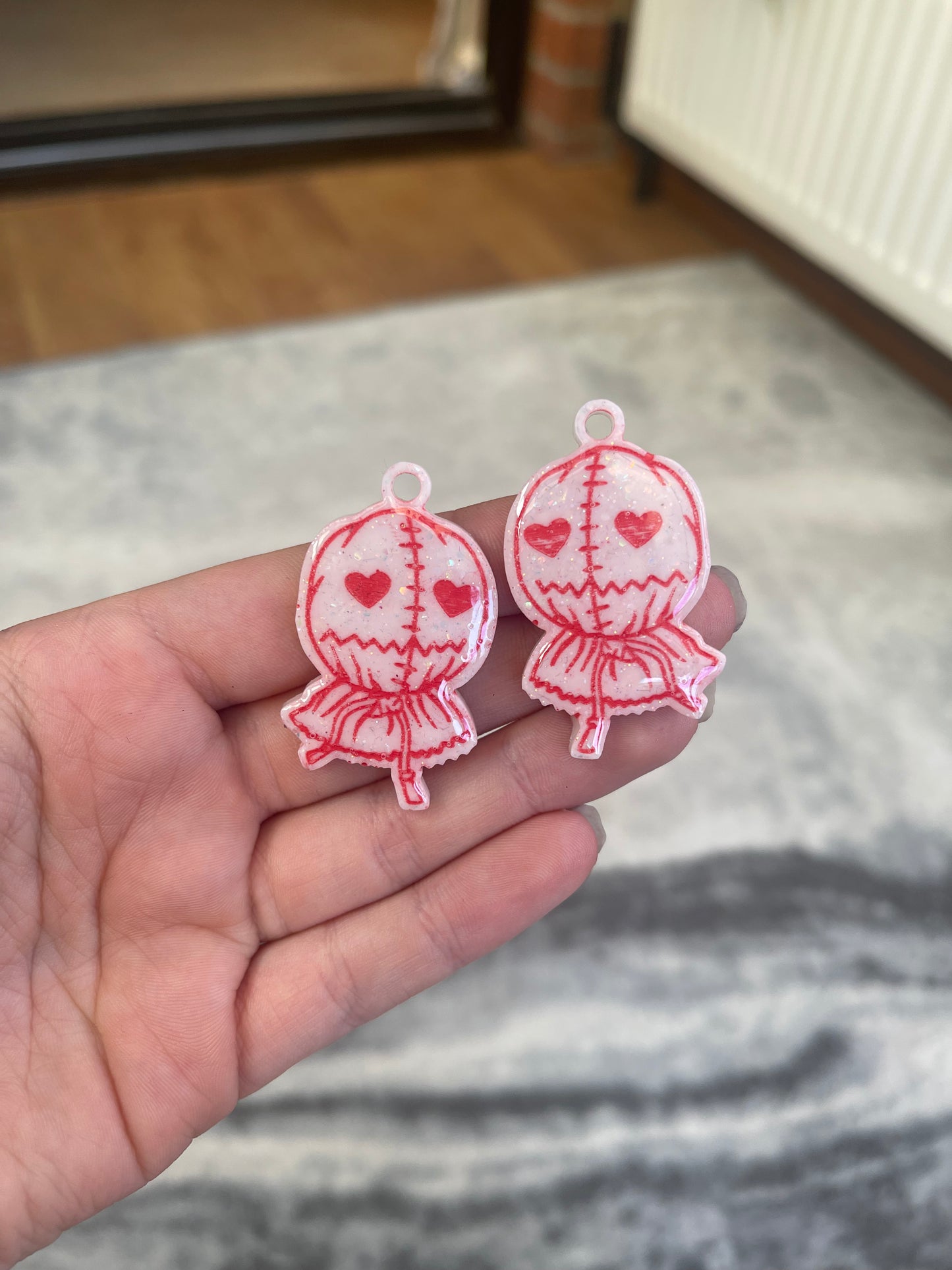 White and Red Heart Eye Sack Man Earrings