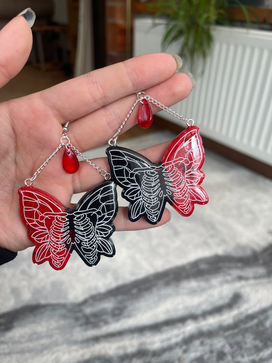 Red and Black Chain Butterfly Ribcage Earrings