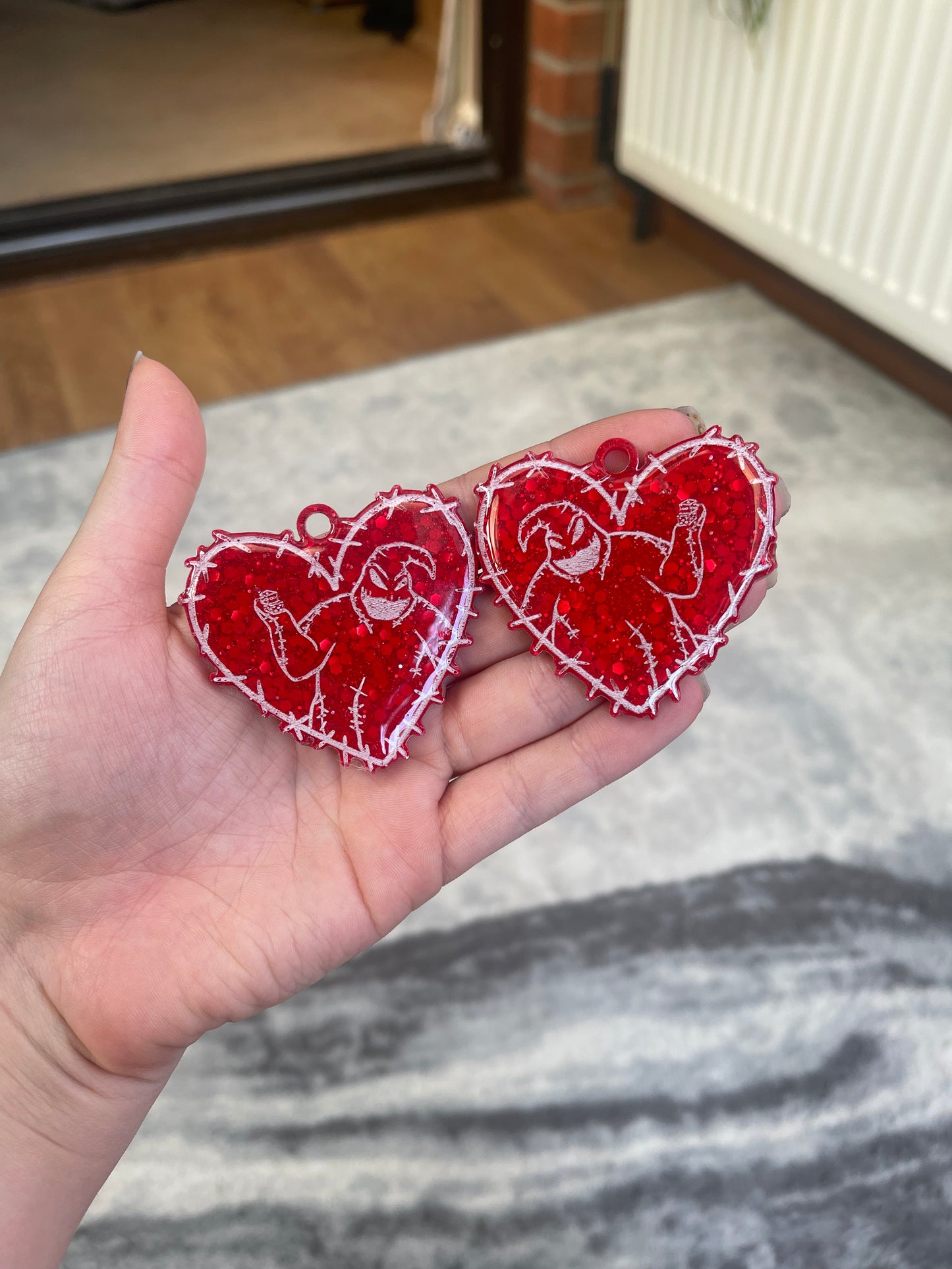 Red Boogy Man Stitched Hearts Earrings