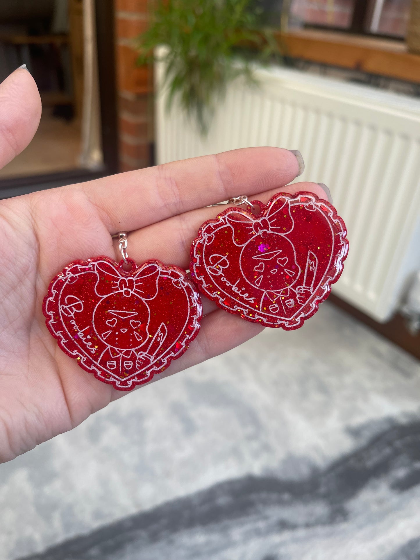 Red Hockey Mask Guy Boobies Heart Earrings