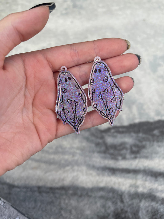 Pink Holographic Candy Corn Ghost Earrings