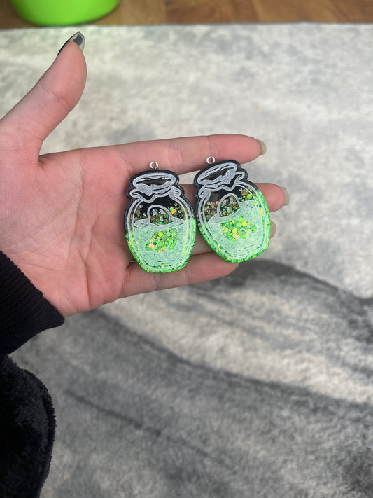 Green and Black Ghost Jar Earrings