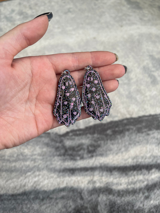 Black and Pink Glitter Hearts Ghost Earrings