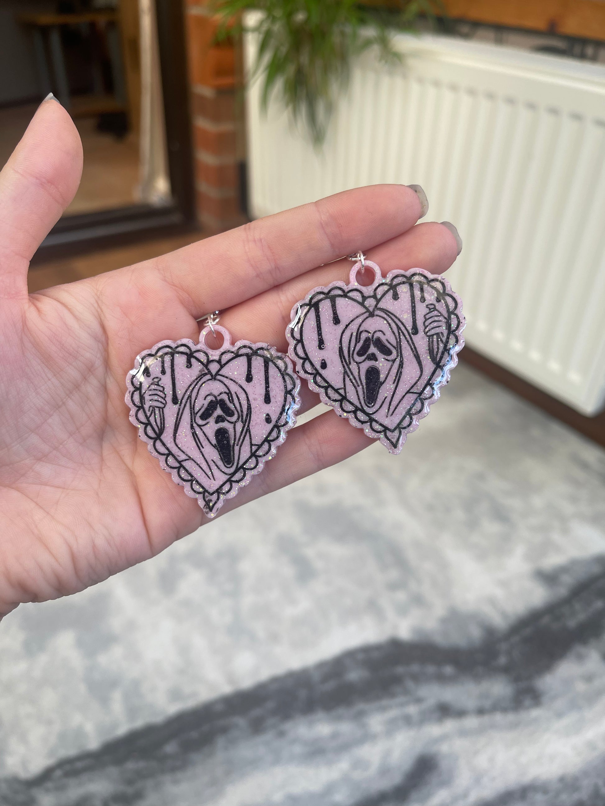 Pastel Pink Ghost Man Drippy Heart Earrings - made to order