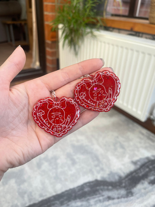 Red Hockey Mask Guy Boobies Heart Earrings