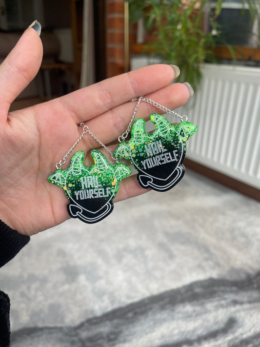 Green and Black Hail Yourself Devil Heart Earrings