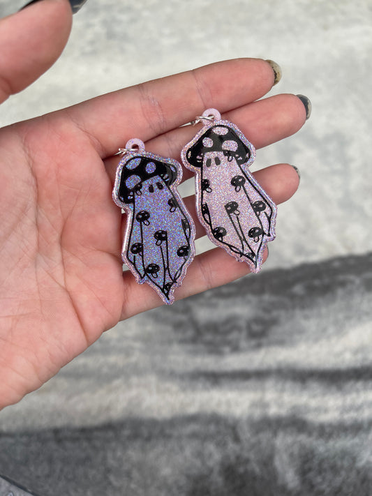 Pink Holographic Mushroom Ghost Earrings