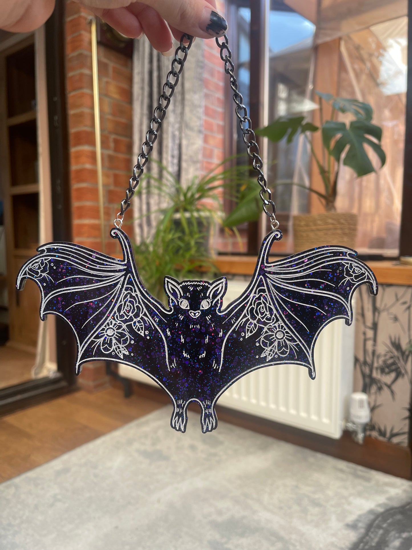 Black and Purple Floral Bat Wall Hanging