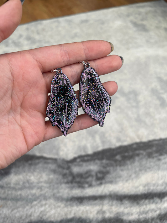 Black and Pink Glitter Sakura Ghost Earrings