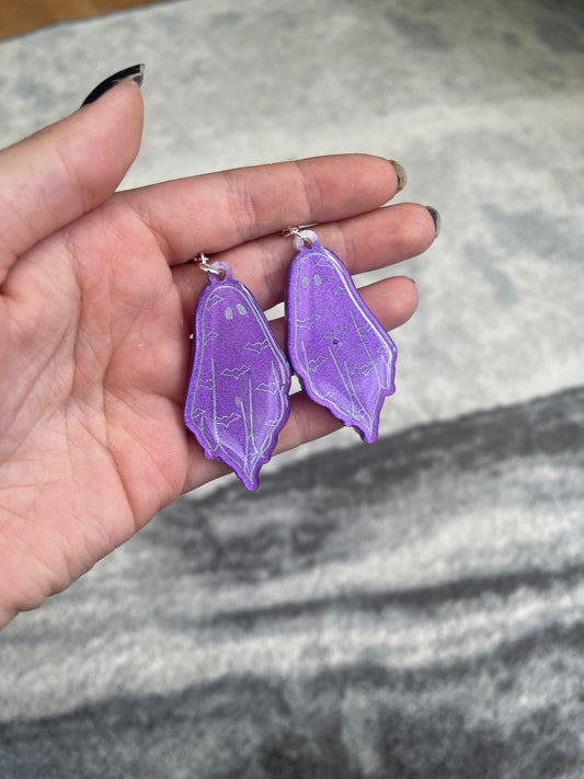 Purple Chrome Bat Ghost Earrings