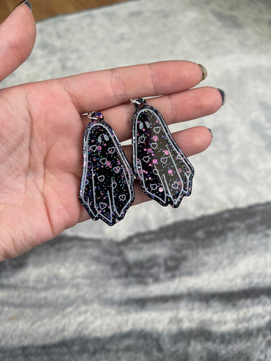 Black and White Glitter Heart Ghost Earrings