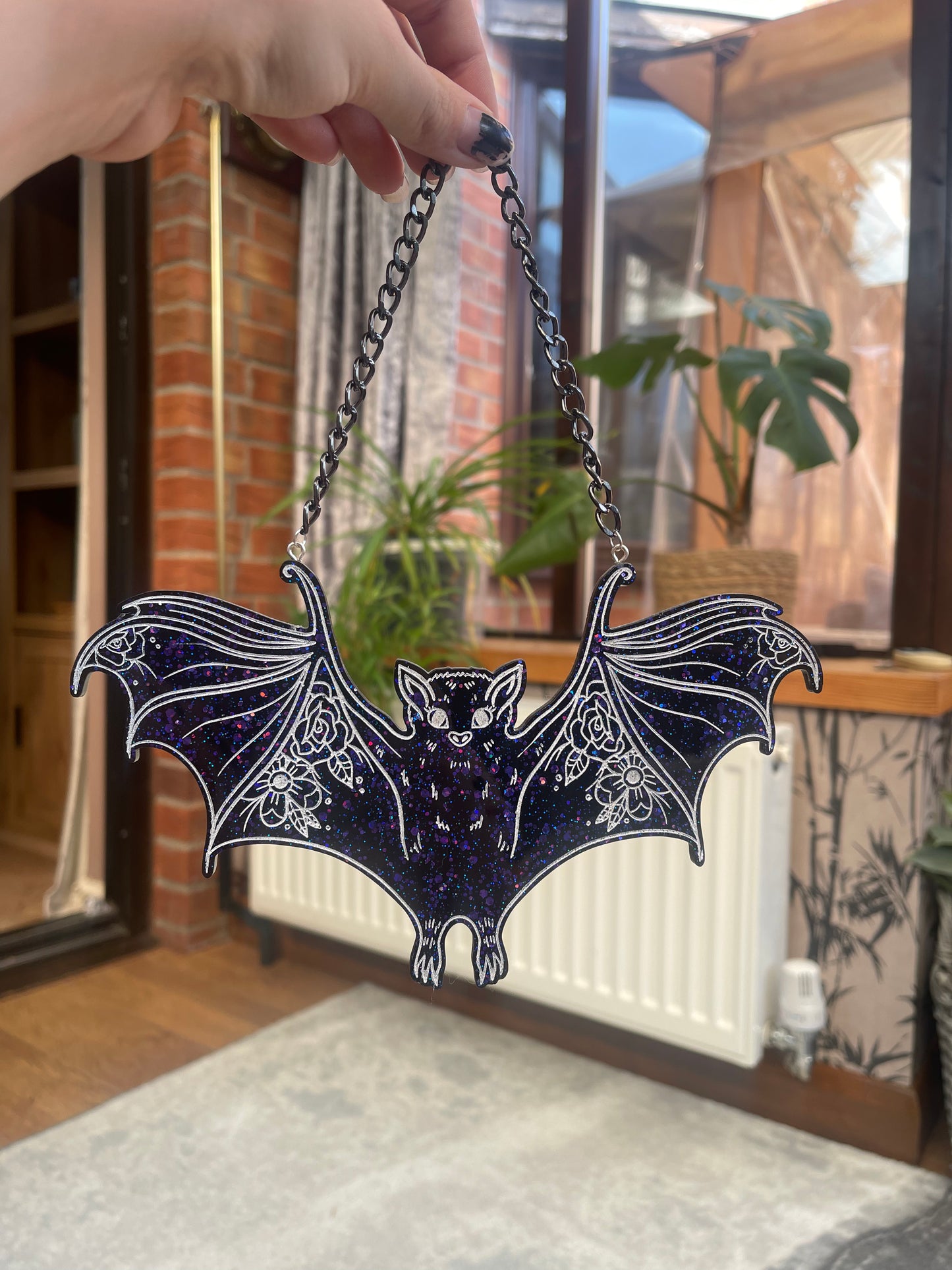 Black and Purple Floral Bat Wall Hanging