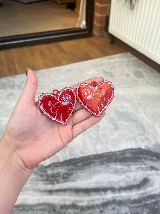 Red Boogy Man Stitched Hearts Earrings