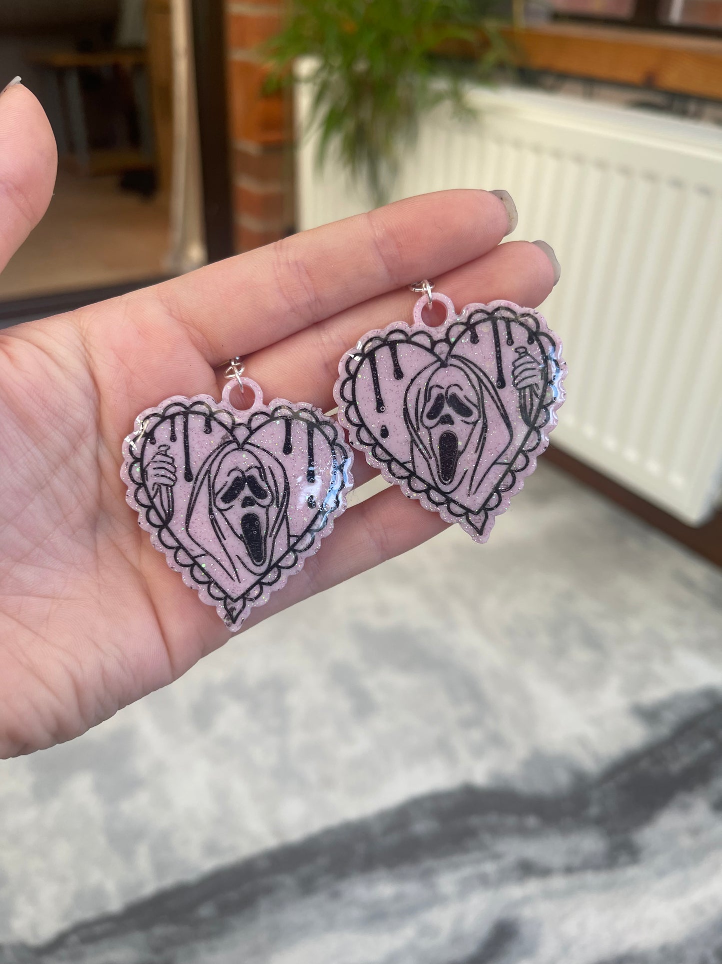 Pastel Pink Ghost Man Drippy Heart Earrings - made to order