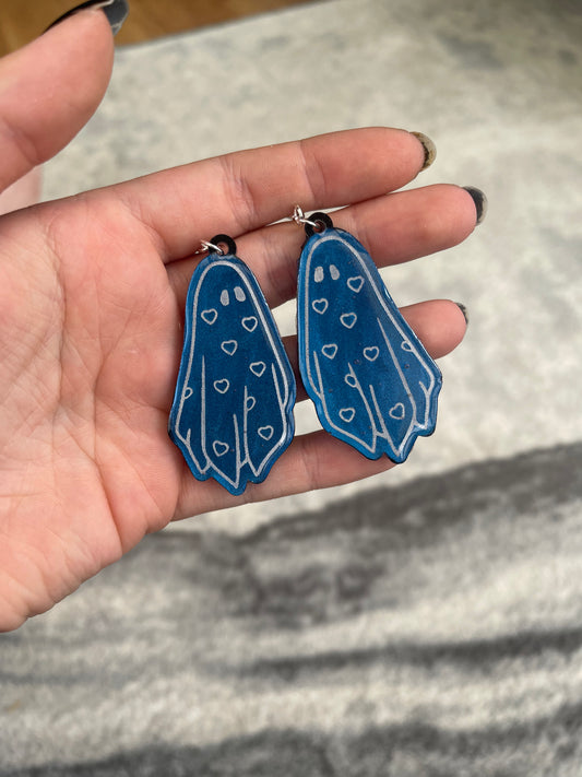 Blue Chrome Heart Ghost Earrings