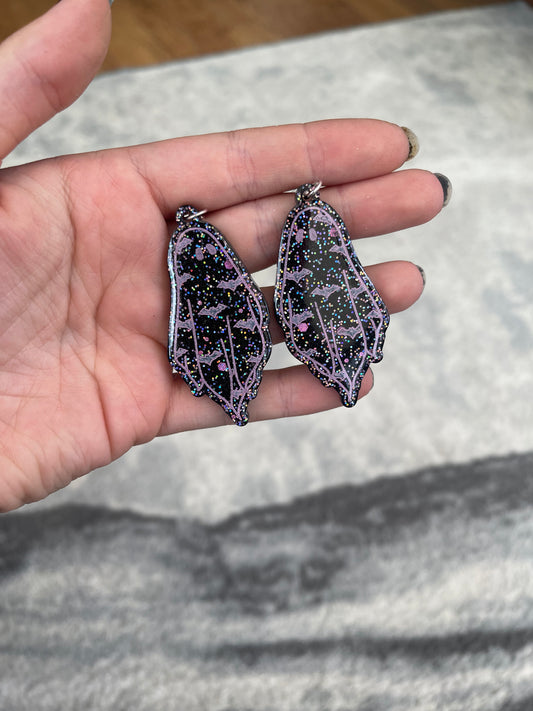 Black and Pink Glitter Bat Ghost Earrings