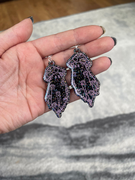 Black and Pink Glitter Mushroom Ghost Earrings