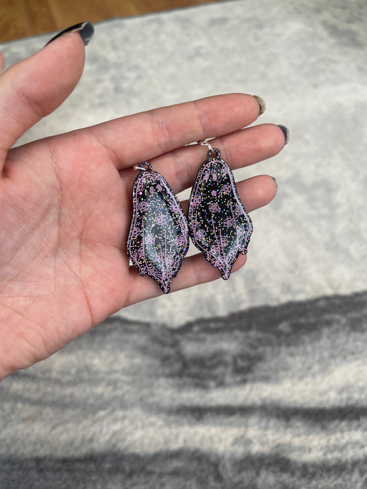 Black and Pink Glitter Pentagram Ghost Earrings